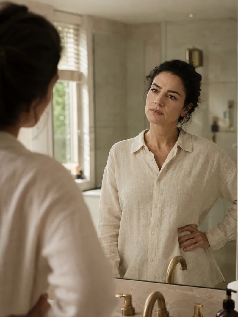 Mulher com dificuldade de emagrecimento: reflexo no espelho com expressão de preocupação