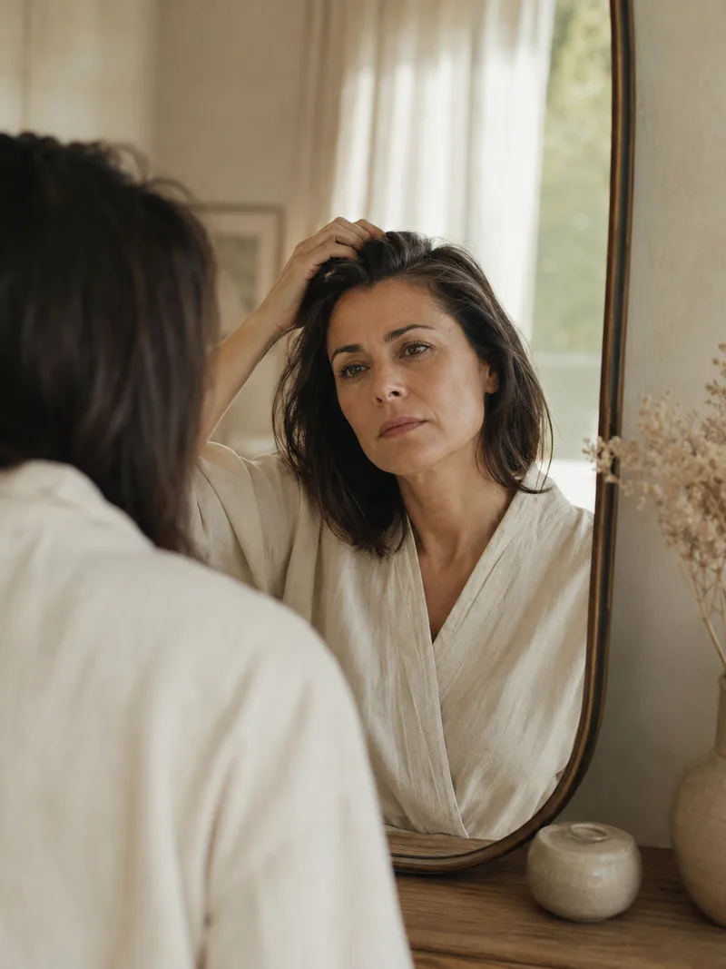 Mulher com sinais de deficiência de vitaminas: queda de cabelo e fadiga